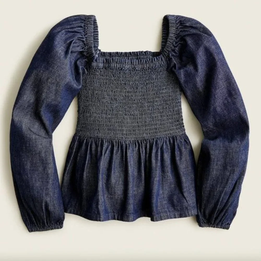 J. Crew Puff Sleeve Chambray Smocked Top in Birch Wash NWT